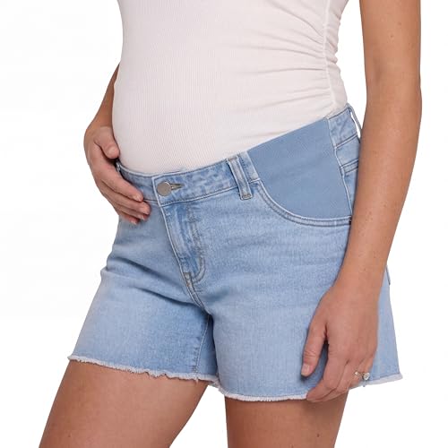 Motherhood Maternity Women's Under the Belly Cutoff Denim Pregnancy Shorts with Side Elastic Panel Insets - color: Light Wash, size: Large