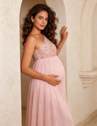 Maternity One Shoulder Sequin Short Sleeve Tulle Maxi Gown - color: Pink, size: Small