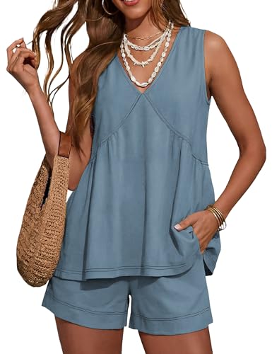 Hooever Women's 2 Piece Outfits Sleeveless V Neck Ruffle Sets Summer Contrast Stitching Tunic Top Matching Shorts - color: Bluegrey, size: Medium