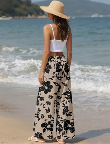 TARSE Women's Linen Wide Leg Pants with Pockets - color: Black Floral, size: Medium