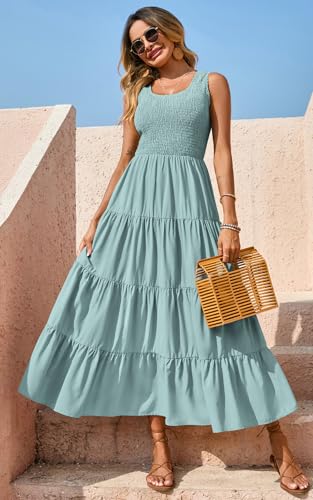 PRETTYGARDEN Women's Smocked Tank Casual Plain Maxi Sundress with Pockets - color: Aqua Green, size: Small