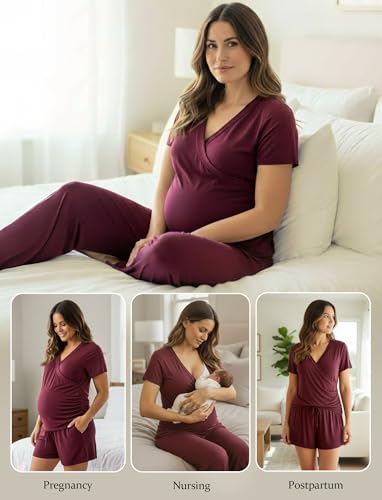PATPAT 3-Piece Maternity Nursing Pajamas, Womens Lounge Set with Pockets - color: Burgundy, size: X-Large