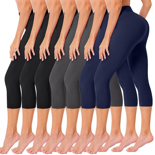 VALANDY Creamlush High Waisted Leggings for Women Full Length & Capri - color: Capris - Black*3/Dark Grey*2/Navy Blue*2, size: Medium-Large
