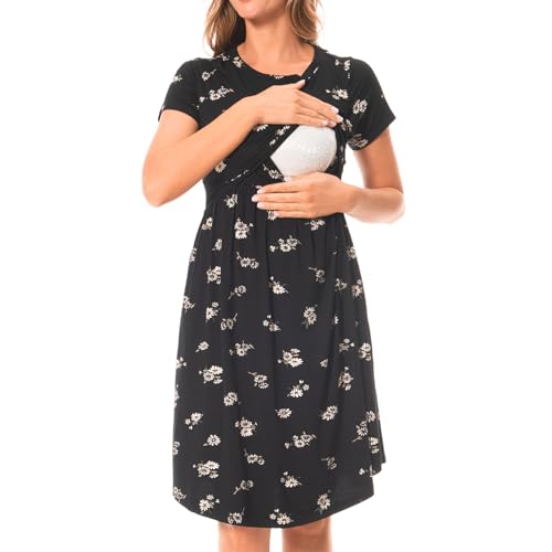 Bearsland Women's Short Sleeves Maternity Dress Nursing Breastfeeding Dresses with Pockets - color: Blackwhitef, size: Medium