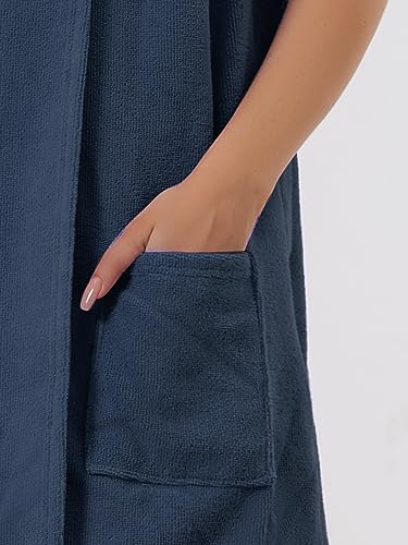cheibear Women Terry Towel Dress Wrap Bathrobe with Pockets Headband - color: Navy, size: Small
