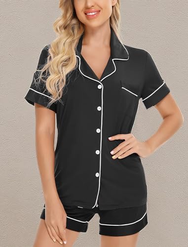 Leikar Womens Button Down Pajama Sets Bride Pajamas Sets Sleepwear Shorts Lounge Set - color: B-black, size: Medium