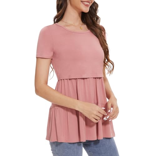 Bearsland Short Sleeve Nursing Top - color: Grayish Green & Rose Pink & Brown Flowers, size: Large