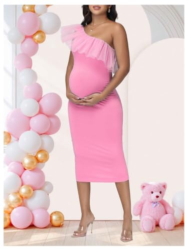OYOANGLE Women's Maternity Ruffle One Shoulder Dress Bodycon Midi Dresses - color: Pink, size: Medium