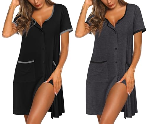 Ekouaer 2 Pack Nightgowns for Women Button Down Houese Dress with Pockets - color: Black/Dark Grey, size: Medium