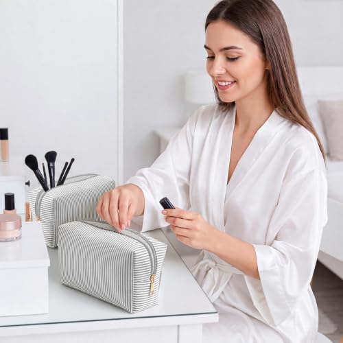 Sanwuta 6 Pcs Seersucker Cosmetic Bags Bulk, Striped Zippered,Light Grey - color: Light Grey