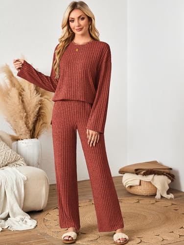 Kikibell Womens Sets 2 Piece Outfits Matching Lounge Set Cozy Knit Pajamas - color: Brick Red, size: Large