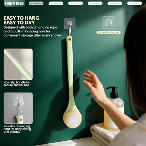 Back Scrubber for Shower, Long Handle Body Brush, Green - color: Greenb