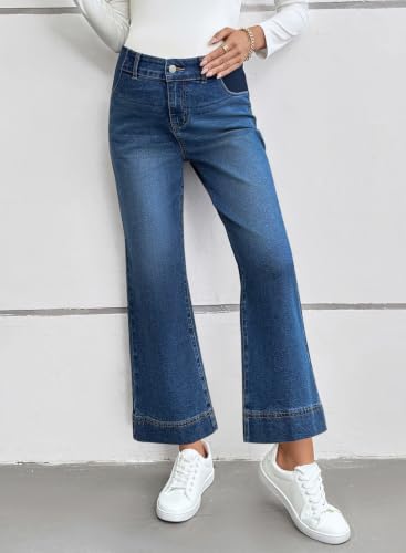 BLENCOT Women's Maternity Jeans High Waisted Wide Leg Pregnancy Pants - color: Dark Blue, size: Large