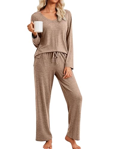 Ekouaer Fall Pajamas for Women Set Long Sleeve V Neck 2 Piece Lounge Sets - color: Brown, size: X-Large