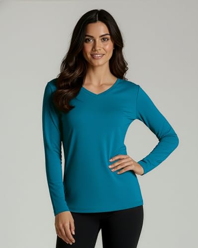 Real Essentials 4 Pack: Women's Long Sleeve Dry Fit V-Neck T-Shirt - Active Athletic Workout Gym Top (Plus Available) - color: Set 6, size: Medium