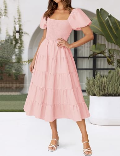 ZESICA Women Summer Puff Sleeve Boho Wedding Guest Midi Dress - color: Pink, size: Large