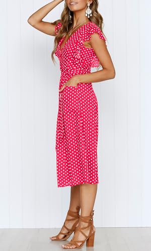 MITILLY Women's Boho Polka Dot Flutter Short Sleeve V Neck Button Down Swing Midi Dress with Pockets - color: 11 Rose, size: X-Large