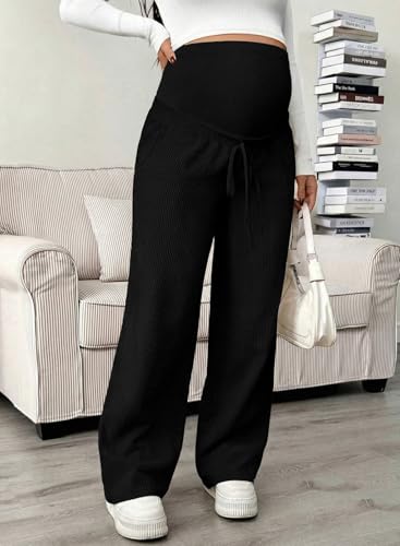 BLENCOT Maternity Pants Over Belly Wide Leg Pregnancy Casual Sweatpants - color: Black, size: Medium
