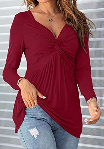 Tankaneo Women V-Neck Front Knotted Tshirt Long Sleeve Oversized Tunic Top - color: B20-wine Red, size: XX-Large