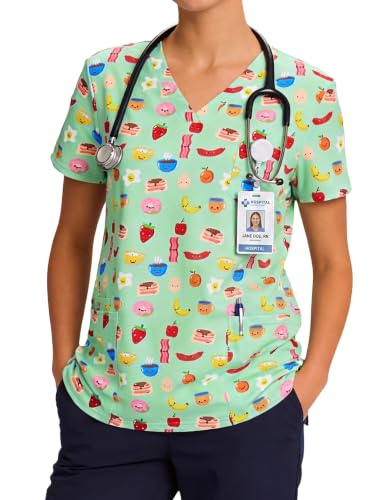 Women's Print Scrub Tops V Neck Short Sleeve Fun Scrubs Shirts - color: Breakfast, size: Small