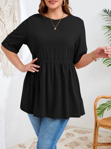Beautife Womens Plus Size Babydoll Tops Summer Peplum Flowy Tunic Blouses - color: Black, size: 4X-Large Plus
