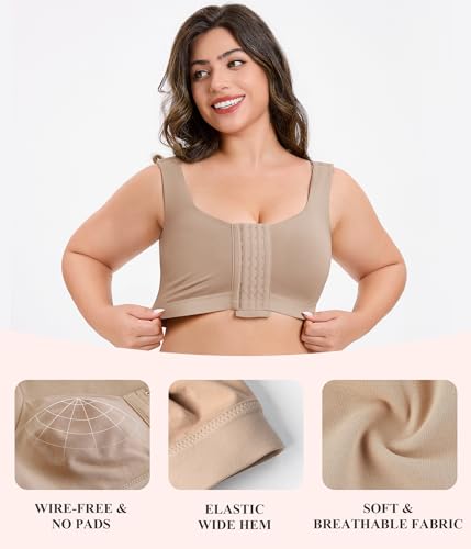 CYDREAM Wireless Front Closure Bra for Women Compression Back Smoothing Post Surgery Bra Adjustable Straps - color: Light Brown, size: 3X-Large