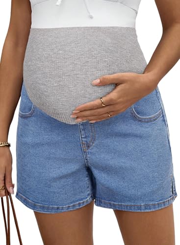 BLENCOT Maternity Jeans Over The Belly Pregnancy Clothes with Pockets - color: Light Blue, size: XX-Large