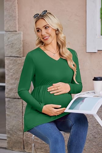 Ekouaer Maternity Shirts for Women Long Sleeve V Neck Fall Tops Clothes - color: Green, size: Medium