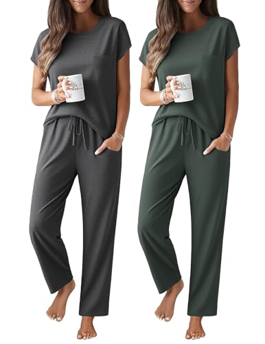 Ekouaer 2 Packs Pajamas for Women Set Cap Sleeve Top and Pants Lounge Set - color: Deep Grey/Deep Green, size: Small