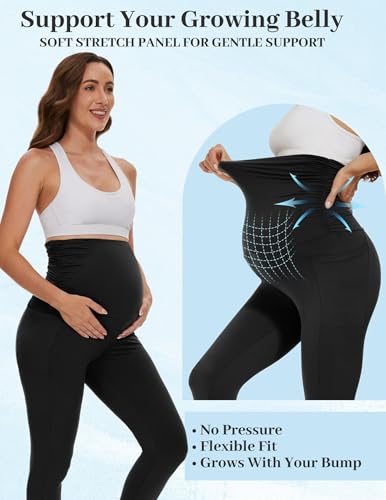 Fotociti Maternity Leggings with Pockets Over Belly Pregnancy Yoga Pants - color: 4-black+coffee, size: Medium