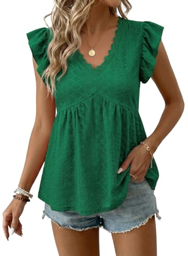 BLENCOT Peplum Tops for Women Trendy Lace V-Neck Ruffle - color: Blackish Green, size: Medium