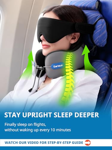 SARISUN Travel Neck Pillow for Airplane, Combo 3D Eye Mask and Seat Strap - color: Grey&black