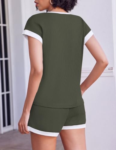 Ekouaer Two Piece Sets for Women Summer Striped Lounge Set Vacation Outfit - color: Olive Green, size: Small