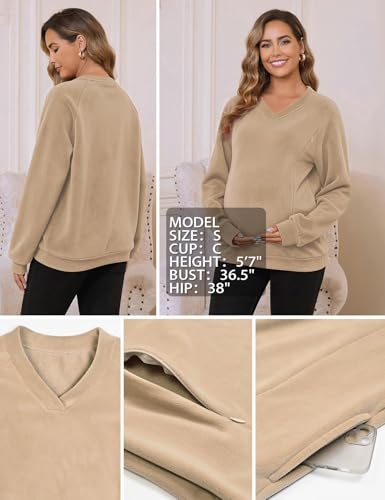 Bhome Fleece Breastfeeding Shirts Hidden Zipper Nursing Tops Pumping Friendly Sweatshirt Oversized Pullover with Pockets - color: Light Brown, size: Medium
