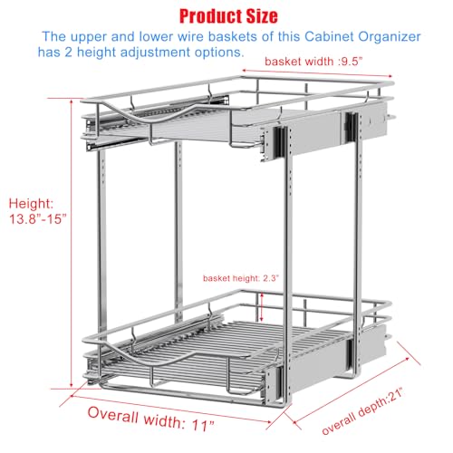DINDON 2 Tier Pull Out Cabinet Organizer (11" W X 21" D), Double Tier Wire Basket Slide Out Shelf Storage for Kitchen Base Cabinet Organization for Kitchen, Pantry, Bathroom, Chrome - size: 11" W X 21" D