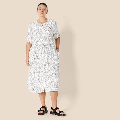 Amazon Essentials Women's Relaxed Fit Half-Sleeve Breathable Button Front Drawstring Waist Midi A-Line Dress with Pockets - color: Off White Micro Confetti Print, size: Small