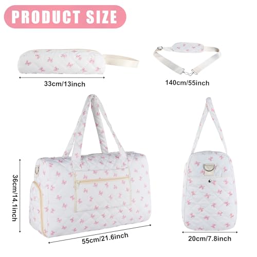 Quilted Duffle Bag for Women, Bow Print Weekender Overnight Travel Bag - color: Small Dot Print