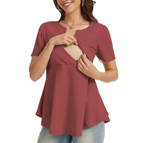 Bearsland Short Sleeve Nursing Top 3pack - color: Black & Dusty Blue & Begonia Red, size: XX-Large