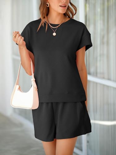 Tankaneo Womens Short Sets 2 Piece Outfits Summer Matching Lounge Set - color: Black, size: Medium