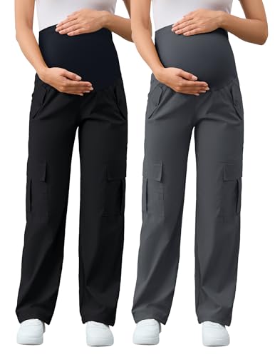 AMPOSH Women's Maternity Cargo Pants with 6 Pockets Quick-Dry Pregnancy Hiking Pants - color: Black/Dark Gray, size: Medium