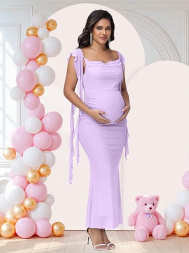 Women's Maternity Draped Neck Ruffle Bodycon Baby Shower Dress - color: Violet, size: X-Large