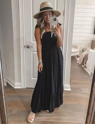Tobrief Women's Boho Dress Summer Spaghetti Strap Square Neck Flowy Ruffle Beach Long Maxi Dress - color: 02 Black, size: X-Large