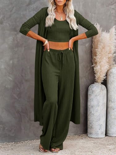Fessceruna Womens 3 Piece Lounge Pajamas Sets Cute Vacation Matching Set - color: A-army Green, size: X-Large