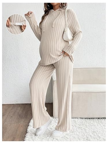 MakeMeChic Women's Maternity 2 Piece Sets Ribbed Knit Hoodie Pants Outfits - color: Apricot, size: X-Large