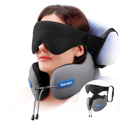 SARISUN Travel Neck Pillow for Airplane, Combo 3D Eye Mask and Seat Strap - color: Grey&black