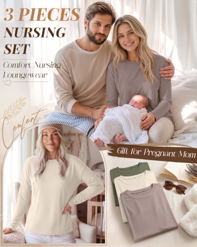 Riyiper 3 Pack Women's Nursing Shirts with Hidden Zippers - color: Oatmeal, Cream, Army Green, size: Large