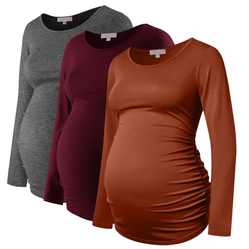 Bhome Women's Maternity Shirts 3 Packs Long Sleeve Pregnancy Tops Basic Side Ruched Tunic Blouse - color: Black/Burgundy/Charcoal Gray, size: Large