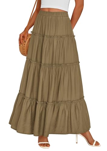 PRETTYGARDEN Women's Boho Tiered Ruffle Flowy Maxi Skirt - color: Army Green, size: X-Large