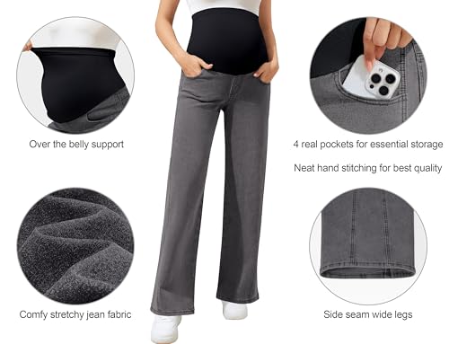POSHGLAM Women's Maternity Jeans Wide Flare Leg Stretchy Comfy 31'' Pregnancy Denim Pants(Washed Black, Small)