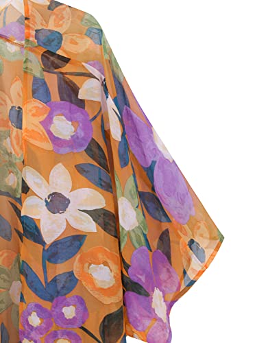 Moss Rose Women's Beach Kimono Coverup Sheer Chiffon Open Front Cover Ups - color: Orange Flora